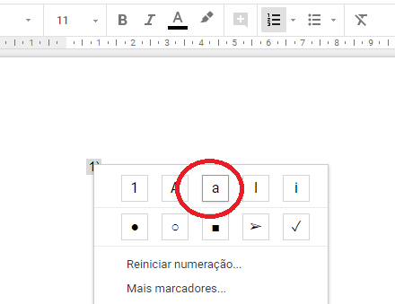 Para configurar as alíneas no Google Docs deve-se selecionar a opção de letras minúsculas