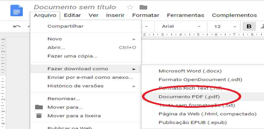 Para Converter em PDF no Google Docs vá em Fazer Download Como e seleciona PDF